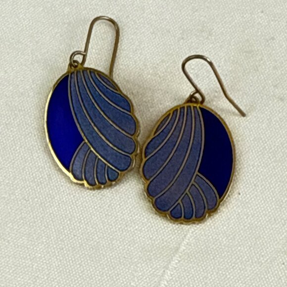 Roman Blue Purple Enamel Dangle Earrings Abstract Oval Gold Tone Hook VTG - Picture 6 of 6